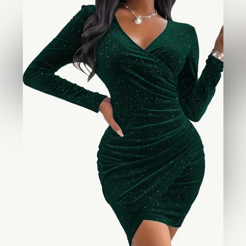 Green Velvet Glitter Ruched Bodycon Wrap Dress